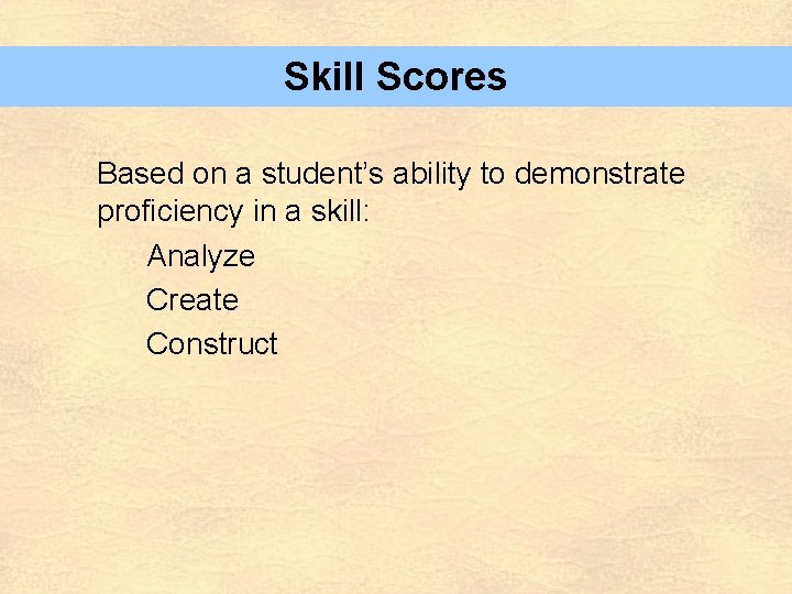 Skill Scores Based on a student’s ability to demonstrate proficiency in a skill: Analyze