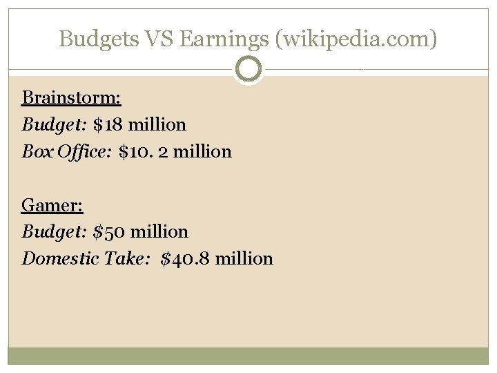 Budgets VS Earnings (wikipedia. com) Brainstorm: Budget: $18 million Box Office: $10. 2 million