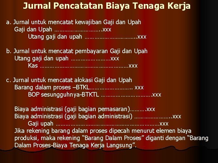 Jurnal Pencatatan Biaya Tenaga Kerja a. Jurnal untuk mencatat kewajiban Gaji dan Upah …………….