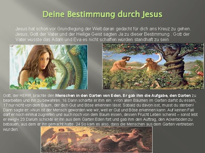 Deine Bestimmung durch Jesus hat schon vor Grundlegung der Welt daran gedacht für dich