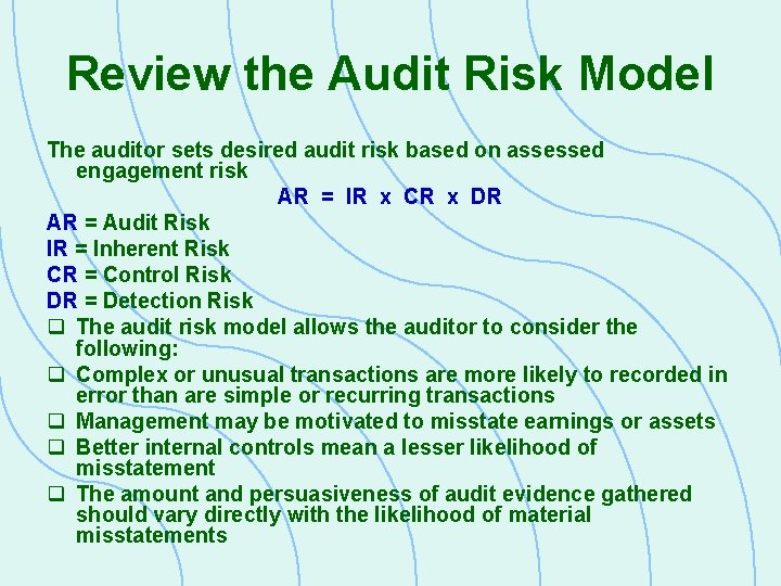 Review the Audit Risk Model The auditor sets desired audit risk based on assessed