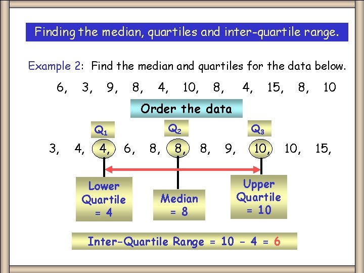 Finding the median, quartiles and inter-quartile range. Example 2: Find the median and quartiles