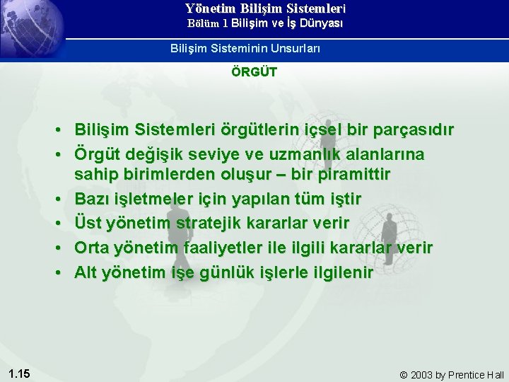 Yönetim Bilişim Sistemleri Bölüm 1 Bilişim ve İş Dünyası Bilişim Sisteminin Unsurları ÖRGÜT •