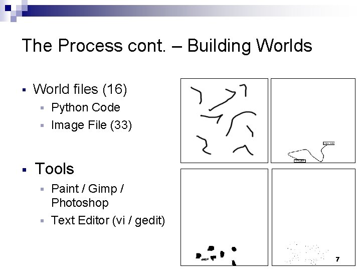 The Process cont. – Building Worlds § World files (16) Python Code § Image