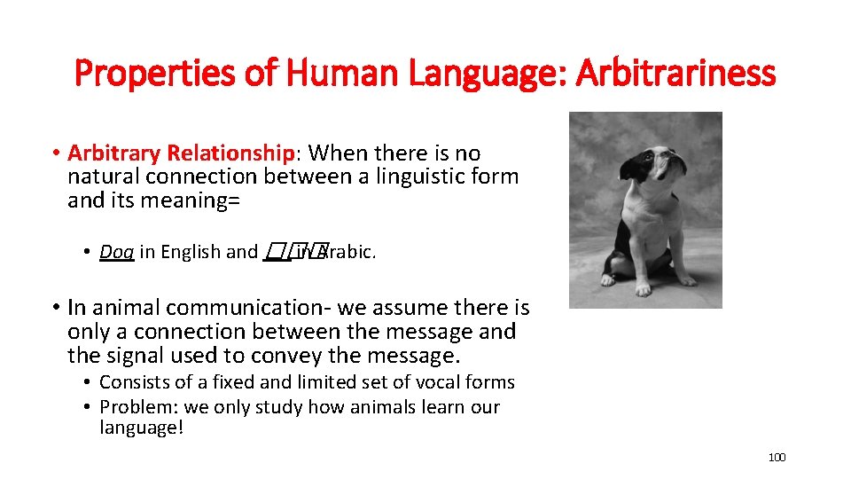 Properties of Human Language: Arbitrariness • Arbitrary Relationship: When there is no natural connection