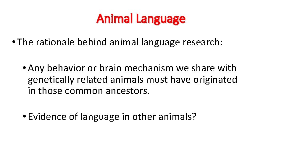 Animal Language • The rationale behind animal language research: • Any behavior or brain