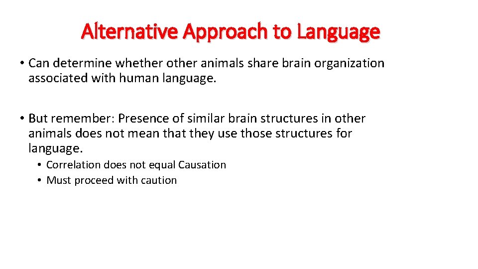 Alternative Approach to Language • Can determine whether other animals share brain organization associated