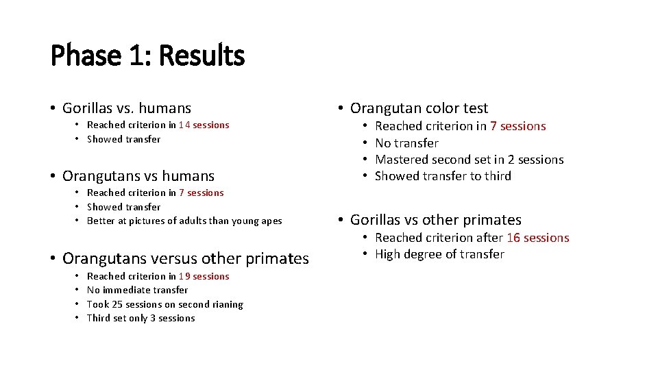 Phase 1: Results • Gorillas vs. humans • Reached criterion in 14 sessions •