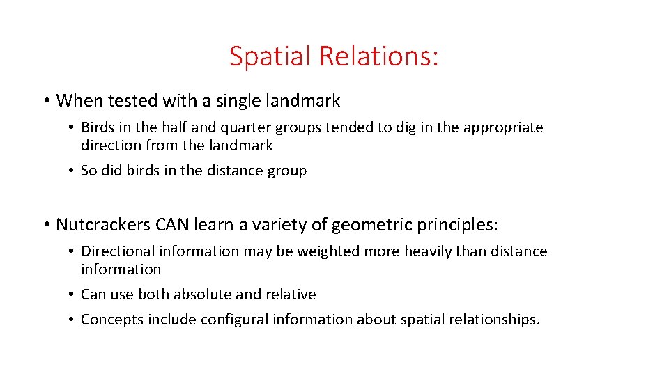 Spatial Relations: • When tested with a single landmark • Birds in the half