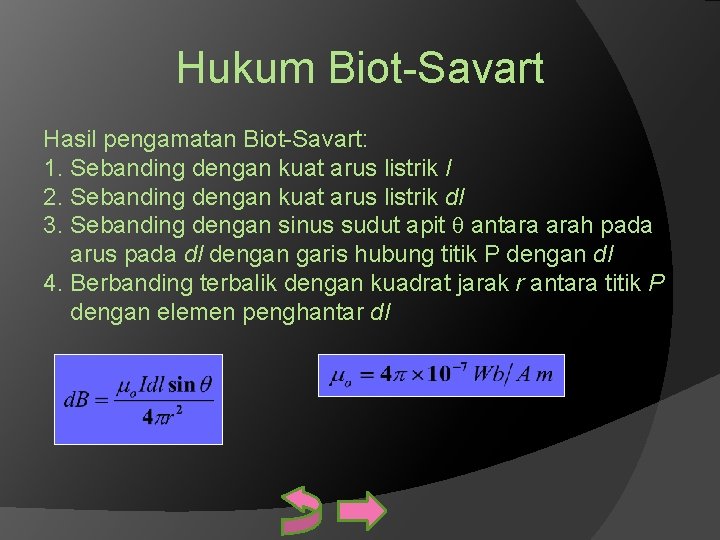 Hukum Biot-Savart Hasil pengamatan Biot-Savart: 1. Sebanding dengan kuat arus listrik I 2. Sebanding