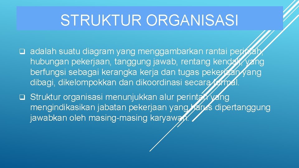 STRUKTUR ORGANISASI q adalah suatu diagram yang menggambarkan rantai perintah, hubungan pekerjaan, tanggung jawab,