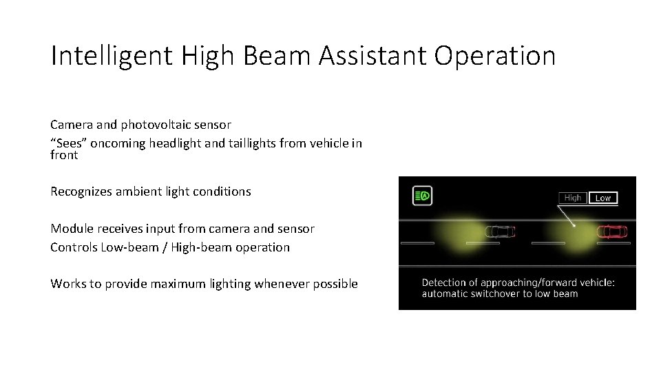 Intelligent High Beam Assistant Operation Camera and photovoltaic sensor “Sees” oncoming headlight and taillights