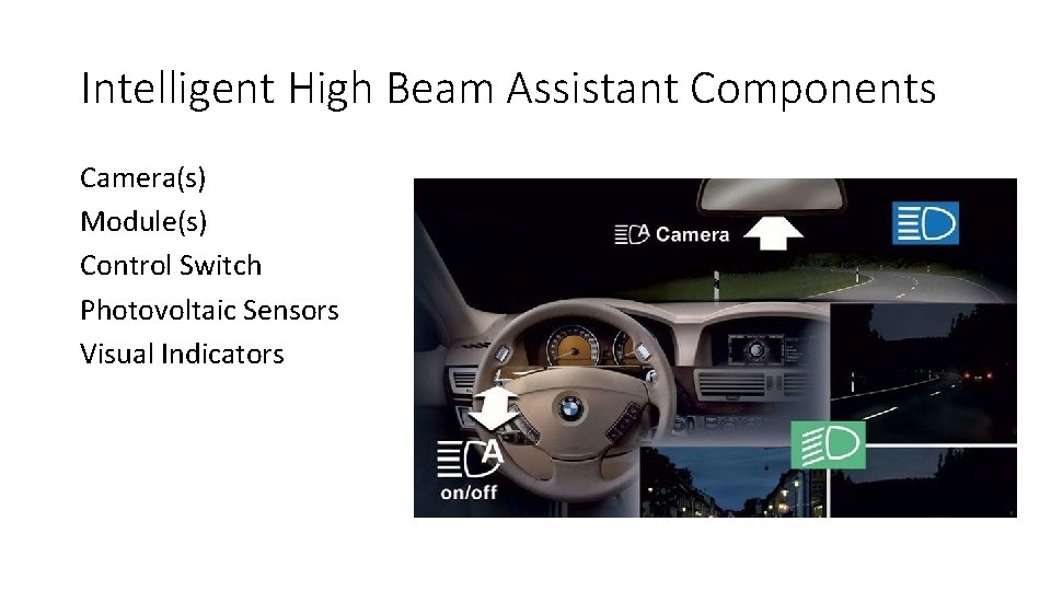 Intelligent High Beam Assistant Components Camera(s) Module(s) Control Switch Photovoltaic Sensors Visual Indicators 
