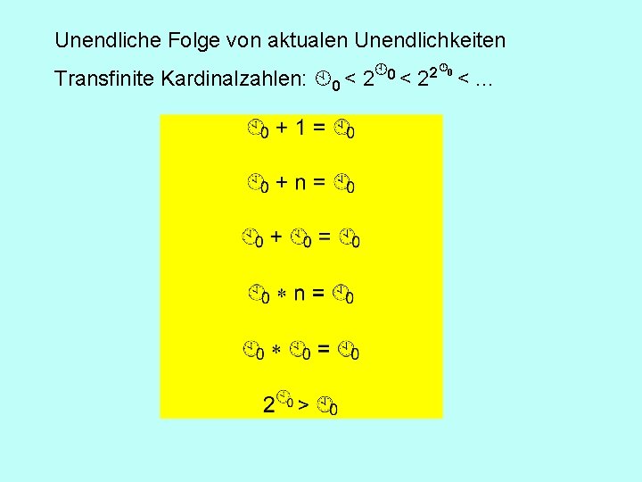 Unendliche Folge von aktualen Unendlichkeiten Transfinite Kardinalzahlen: 0 < 2 0 <2 2 0