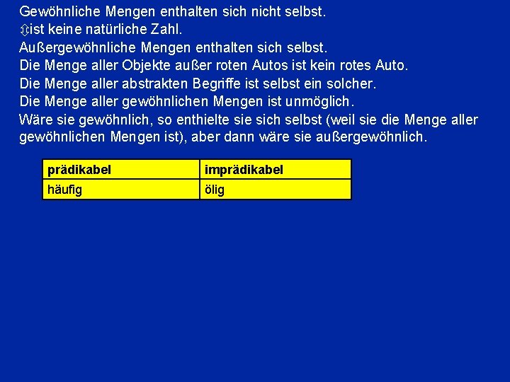 Gewöhnliche Mengen enthalten sich nicht selbst. ist keine natürliche Zahl. Außergewöhnliche Mengen enthalten sich