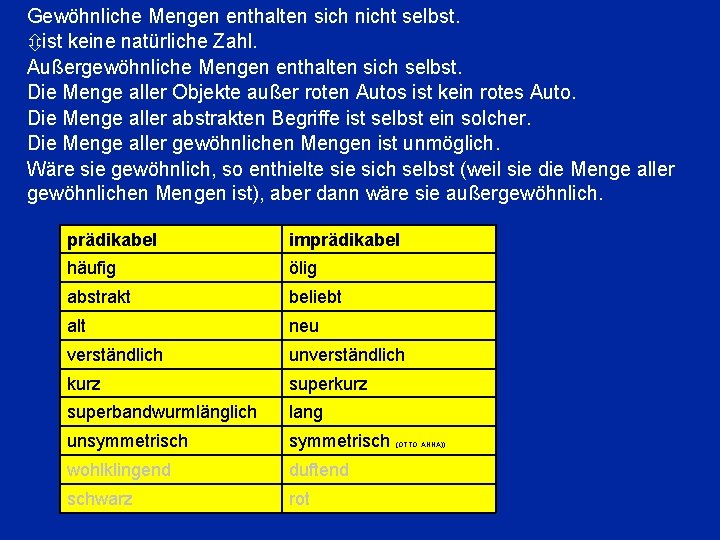 Gewöhnliche Mengen enthalten sich nicht selbst. ist keine natürliche Zahl. Außergewöhnliche Mengen enthalten sich