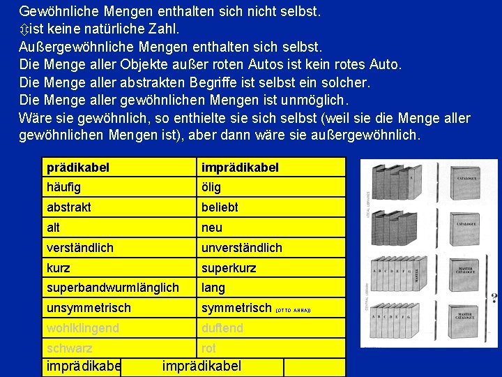 Gewöhnliche Mengen enthalten sich nicht selbst. ist keine natürliche Zahl. Außergewöhnliche Mengen enthalten sich