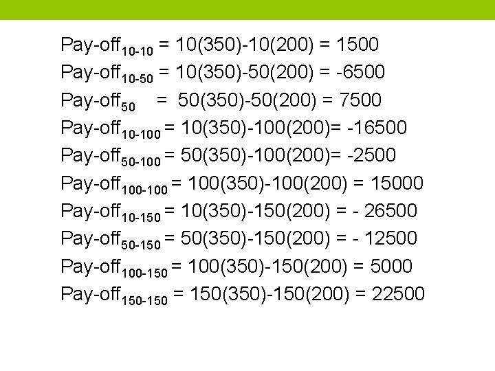Pay-off 10 -10 = 10(350)-10(200) = 1500 Pay-off 10 -50 = 10(350)-50(200) = -6500