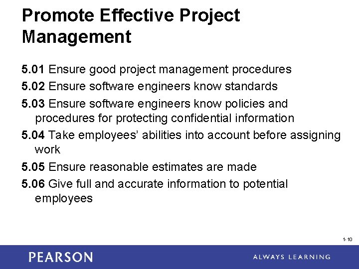 Promote Effective Project Management 5. 01 Ensure good project management procedures 5. 02 Ensure