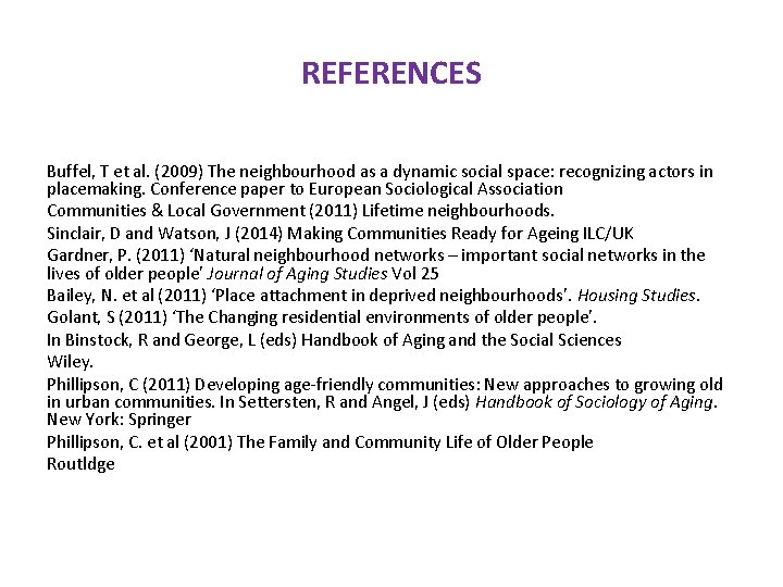 REFERENCES Buffel, T et al. (2009) The neighbourhood as a dynamic social space: recognizing