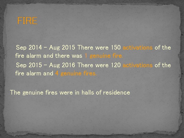 FIRE Sep 2014 – Aug 2015 There were 150 activations of the fire alarm