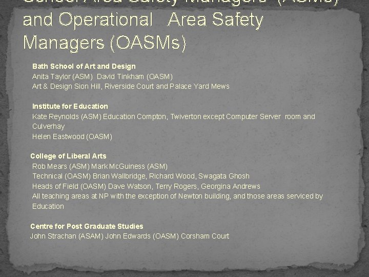 School Area Safety Managers (ASMs) and Operational Area Safety Managers (OASMs) Bath School of
