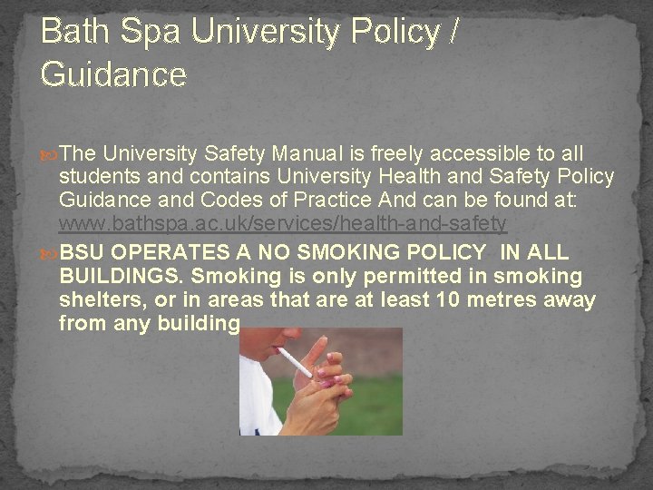 Bath Spa University Policy / Guidance The University Safety Manual is freely accessible to