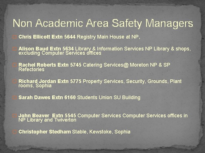 Non Academic Area Safety Managers � Chris Ellicott Extn 5644 Registry Main House at