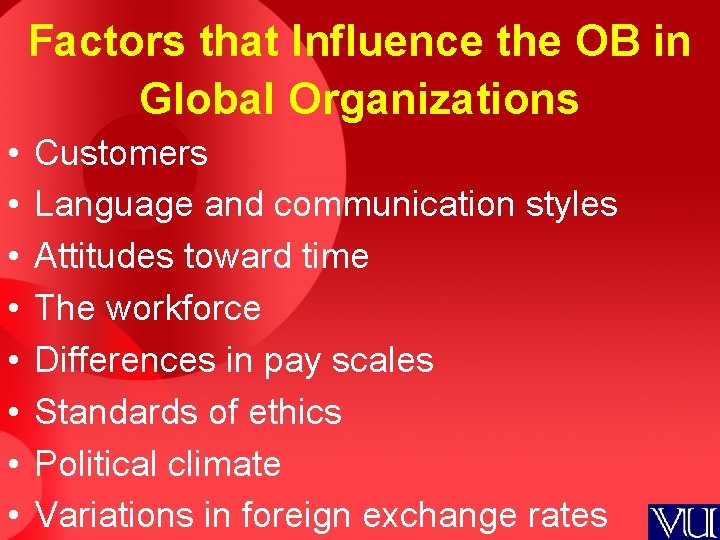 Factors that Influence the OB in Global Organizations • • Customers Language and communication