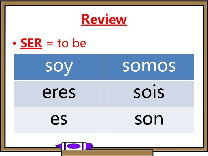 Review • SER = to be soy somos eres sois es son 