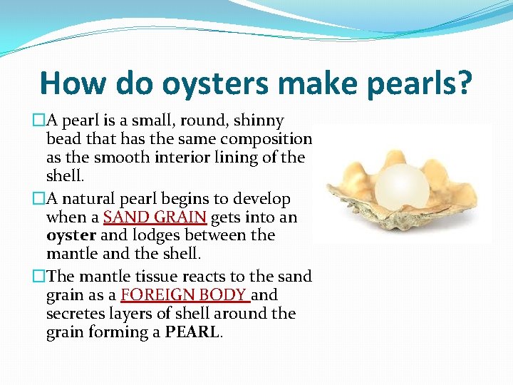How do oysters make pearls? �A pearl is a small, round, shinny bead that