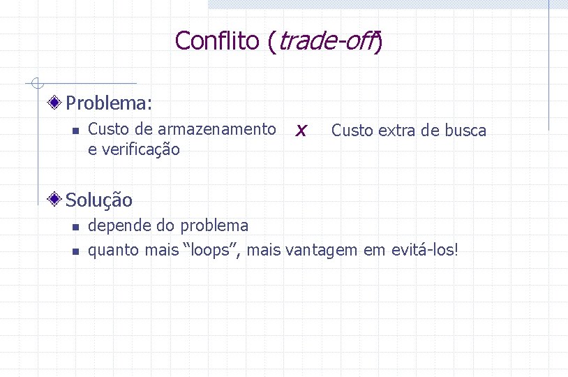 Conflito (trade-off) Problema: n Custo de armazenamento e verificação X Custo extra de busca