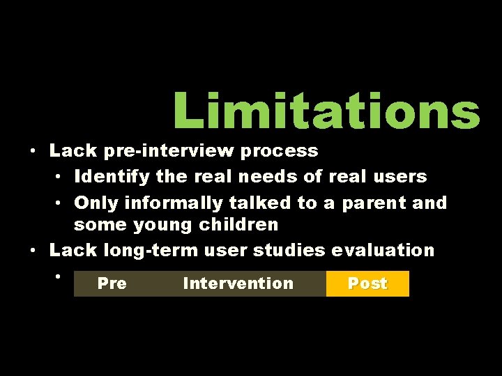 Limitations • Lack pre-interview process • Identify the real needs of real users •
