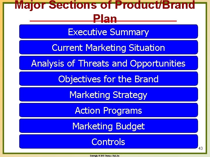 Major Sections of Product/Brand Plan Executive Summary Current Marketing Situation Analysis of Threats and