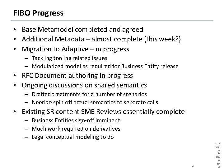 FIBO Progress • Base Metamodel completed and agreed • Additional Metadata – almost complete