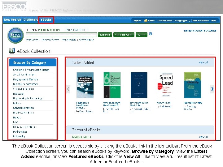 The e. Book Collection screen is accessible by clicking the e. Books link in