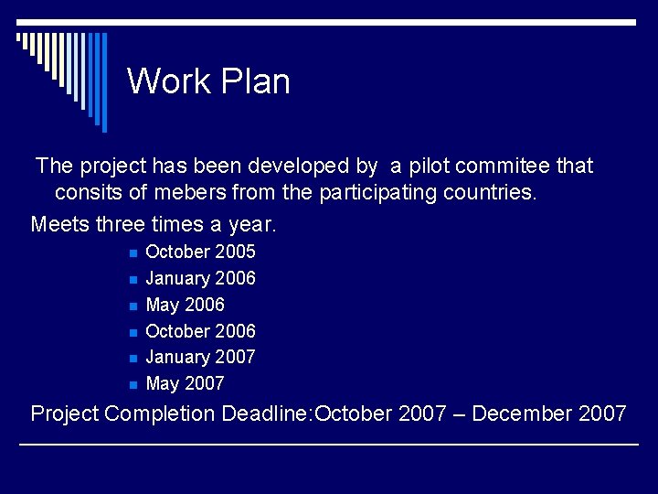 Work Plan The project has been developed by a pilot commitee that consits of