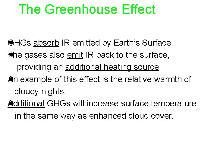 The Greenhouse Effect Summary HGs absorb IR emitted by Earth’s Surface G The gases