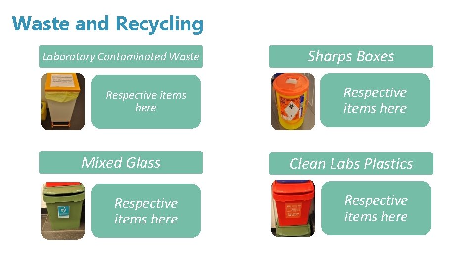 Waste and Recycling Laboratory Contaminated Waste Respective items here Mixed Glass Respective items here