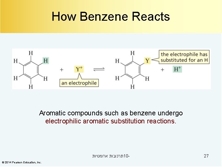How Benzene Reacts Aromatic compounds such as benzene undergo electrophilic aromatic substitution reactions. תרכובות
