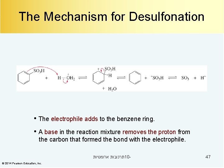 The Mechanism for Desulfonation • The electrophile adds to the benzene ring. • A