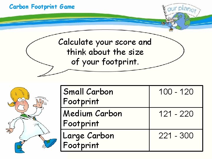 Carbon Footprint Game What size is your carbon footprint? Calculate your score and think