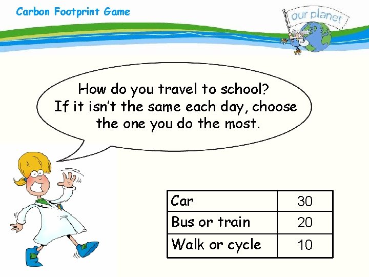 Carbon Footprint Game What size is your carbon footprint? How do you travel to