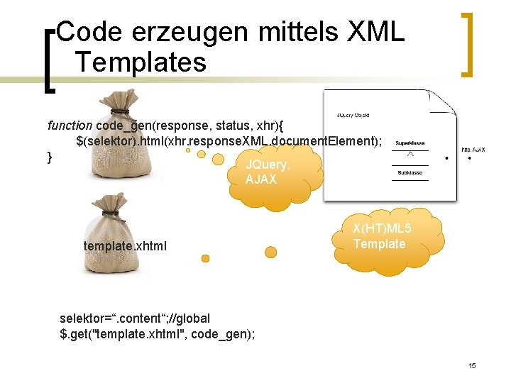 Code erzeugen mittels XML Templates function code_gen(response, status, xhr){ $(selektor). html(xhr. response. XML. document.