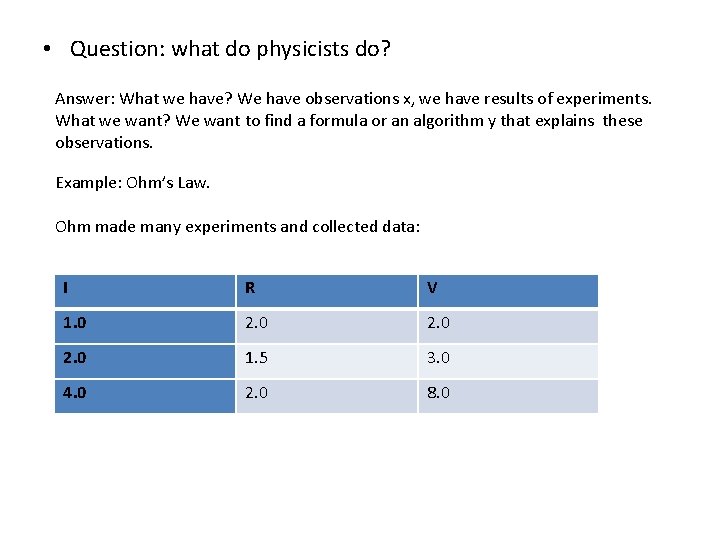  • Question: what do physicists do? Answer: What we have? We have observations