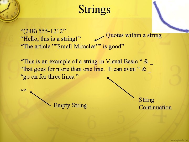 Strings “(248) 555 -1212” Quotes within a string “Hello, this is a string!” “The