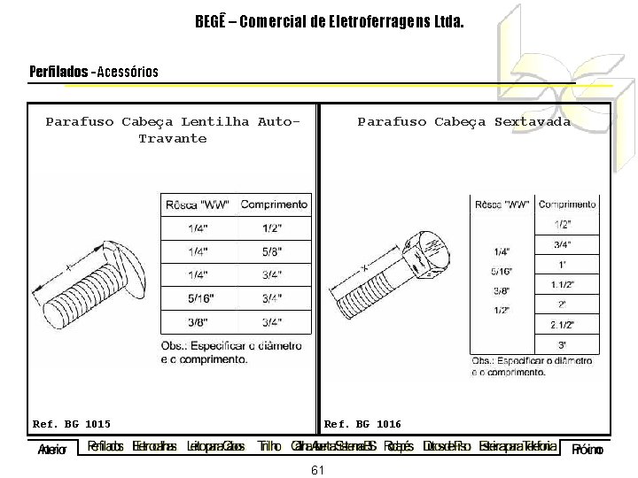 BEGÊ – Comercial de Eletroferragens Ltda. Perfilados - Acessórios Parafuso Cabeça Lentilha Auto. Travante