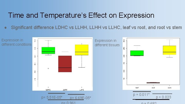Time and Temperature’s Effect on Expression ● Significant difference LDHC vs LLHH, LLHH vs