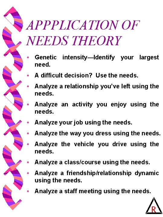 APPPLICATION OF NEEDS THEORY w Genetic intensity—Identify your largest need. w A difficult decision?