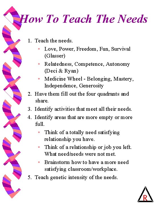 How To Teach The Needs 1. Teach the needs. • Love, Power, Freedom, Fun,
